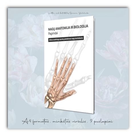 NAGŲ ANATOMIJA IR BIOLOGIJA Pagrindai. Aiškus sudėtingų sąvokų pateikimas nagų technikams. A4 formatas, minkštas viršelis, 9 puslapiai.